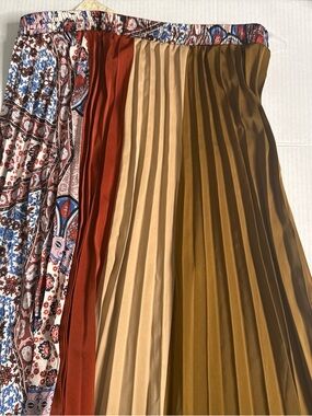 Mystree women’s Pleated Multi-Panel Midi Skirt in Rust, Beige & Mustard size l